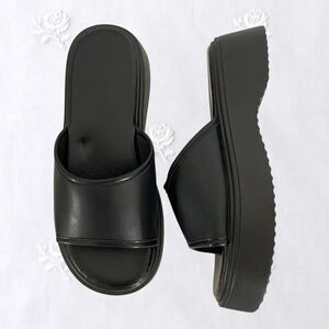 90s Style Retro Black Faux Leather Open Toe Platform Sandal Slides US 5 / EU 35